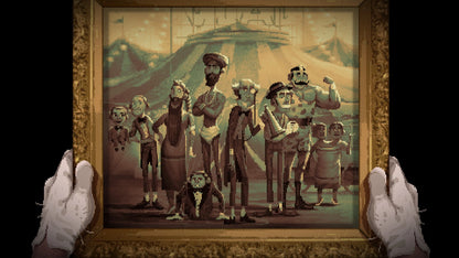 Framed artwork of a group of stylized figures with a mountainous background.