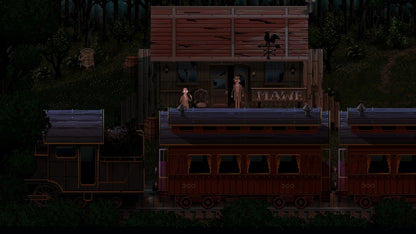 Pixel art scene of a wooden cabin with a person standing on a platform at night.