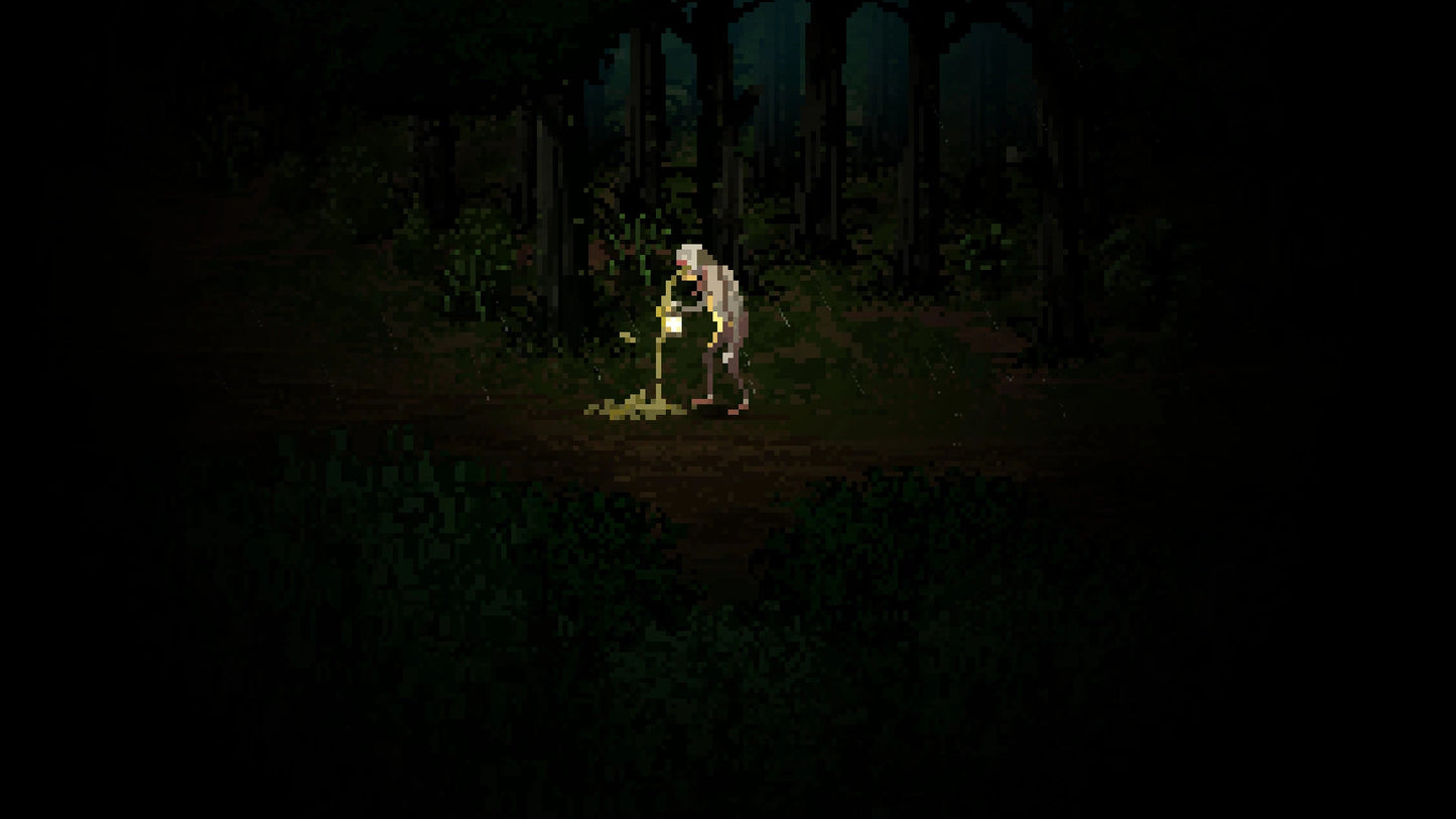 Character in a dark forest with a glowing object