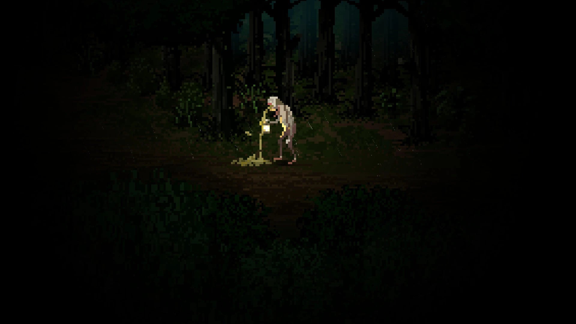 Character in a dark forest with a glowing object