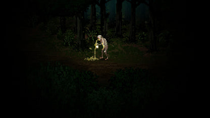 Character in a dark forest with a glowing object