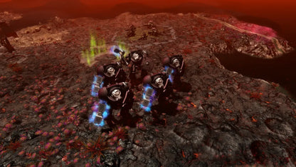 Sci-fi scene with characters on a barren landscape with a red sky