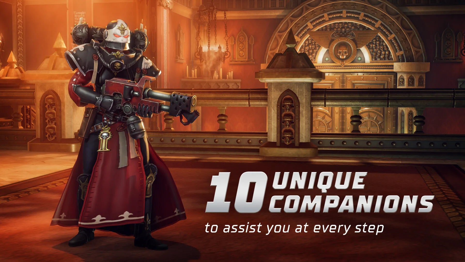 Character in futuristic armor with a weapon in an ornate room, featuring text about unique companions.
