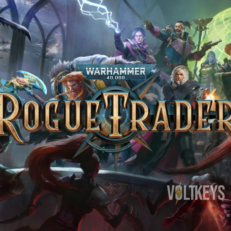 Promotional image for 'Rogue Trader' from Warhammer 40,000 with characters and branding.