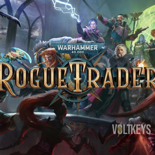 Promotional image for 'Rogue Trader' from Warhammer 40,000 with characters and branding.
