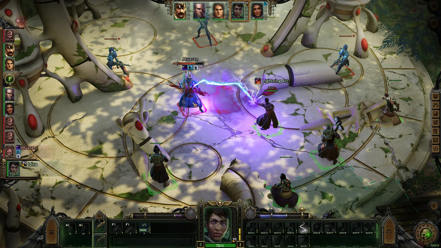 Screenshot of a fantasy game with characters and magic effects on a circular platform.
