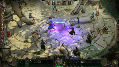 Screenshot of a fantasy game with characters and magic effects on a circular platform.
