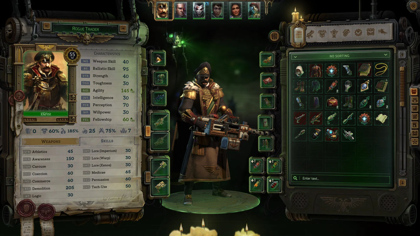 Character selection screen from a video game with character portraits, stats, and inventory.