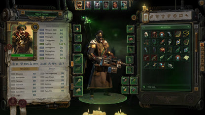 Character selection screen from a video game with character portraits, stats, and inventory.