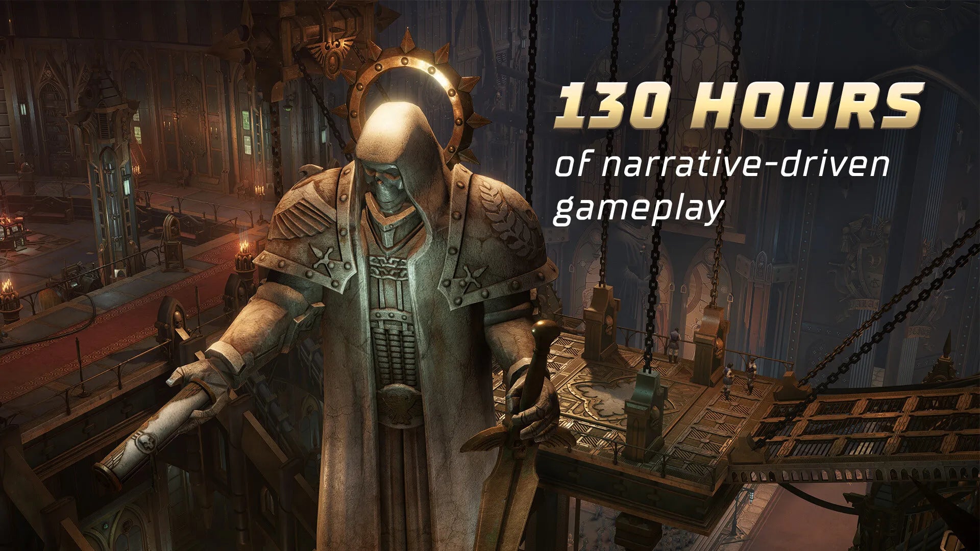 Character in a detailed, futuristic setting with text about narrative-driven gameplay.