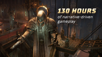 Character in a detailed, futuristic setting with text about narrative-driven gameplay.