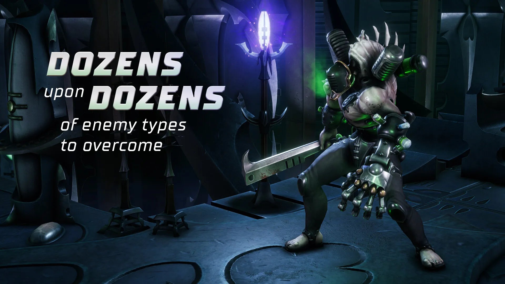 Character with futuristic armor and weapon in a dark, sci-fi environment with text about enemy types.