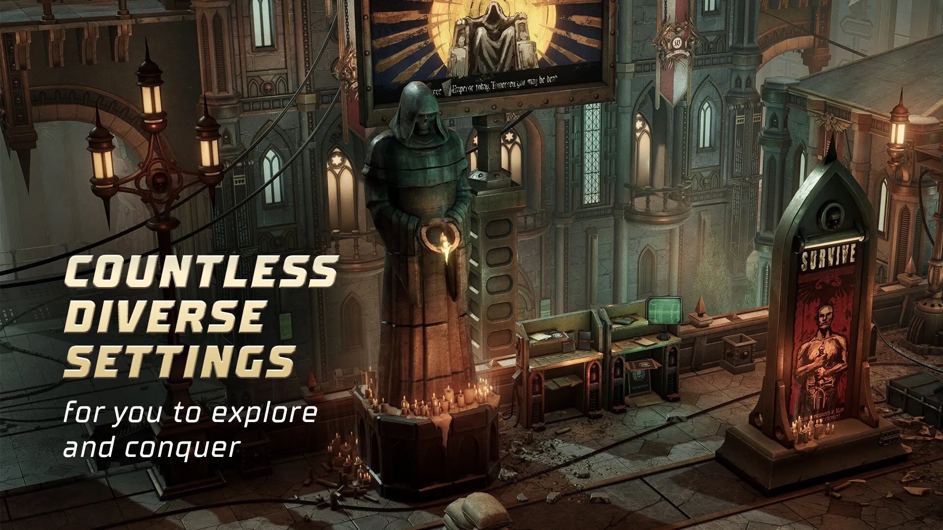 Dense, atmospheric interior setting with intricate details and text about diverse settings.