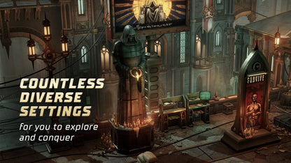Dense, atmospheric interior setting with intricate details and text about diverse settings.