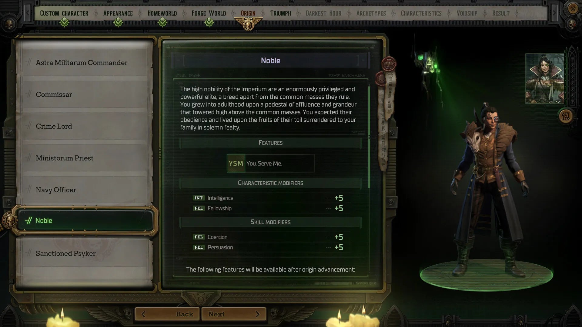 Character selection screen with a character model in a dark-themed game interface