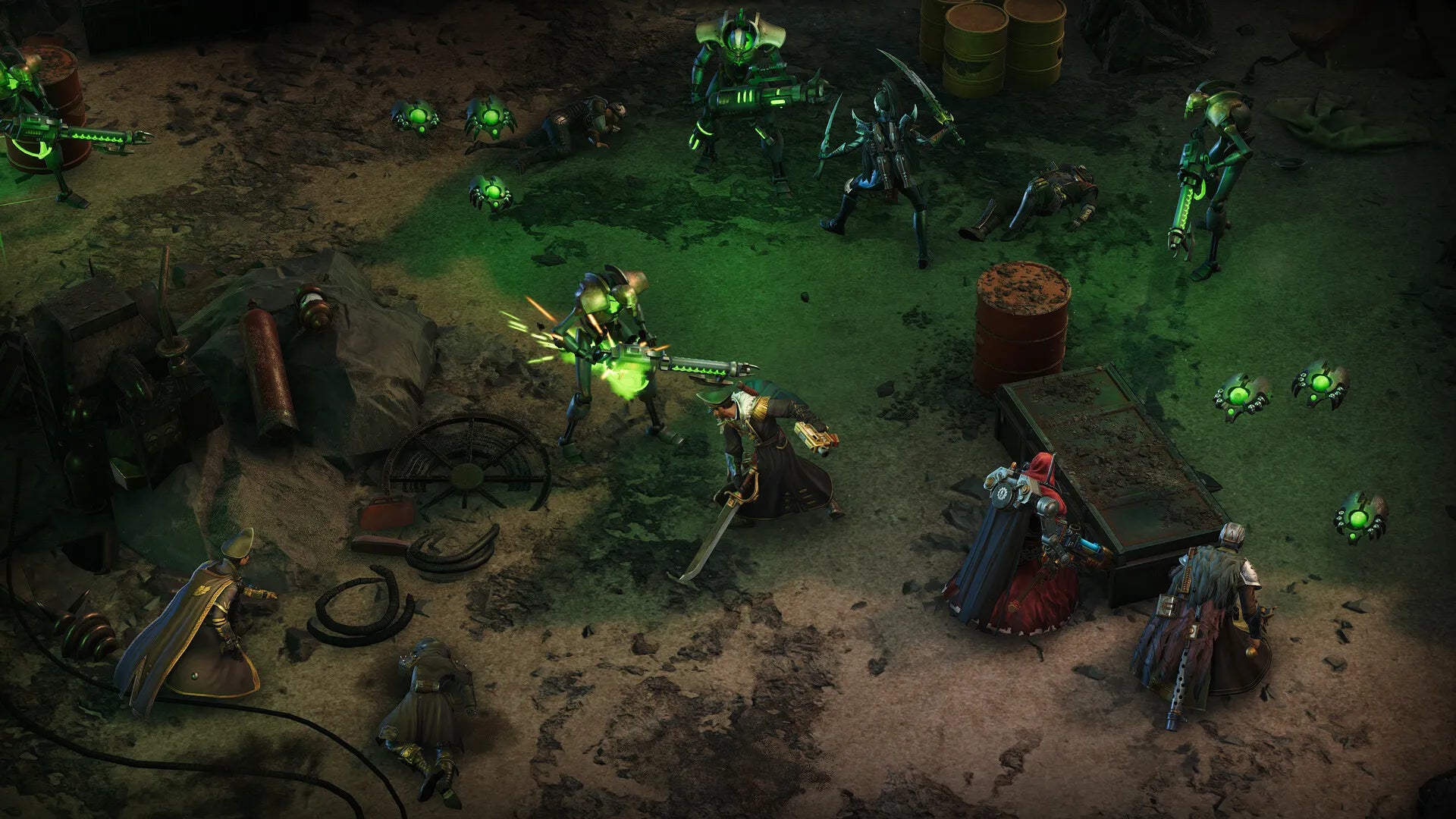 Game scene with characters and creatures in a dark, gritty environment