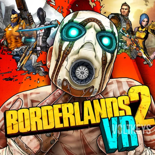Promotional image for 'Borderlands 2 VR' with characters and a large mechanical head in the foreground.