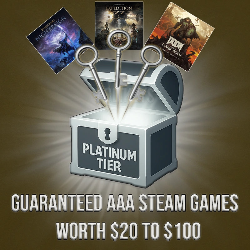 Platinum tier loot box with game cases and keys on a brown background