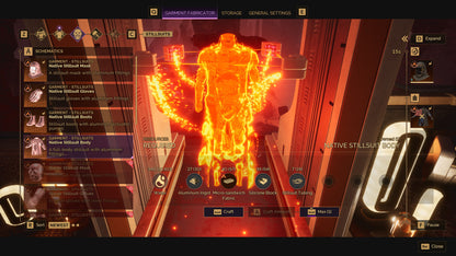 Game interface showing a character body customization screen with glowing orange and red effects.