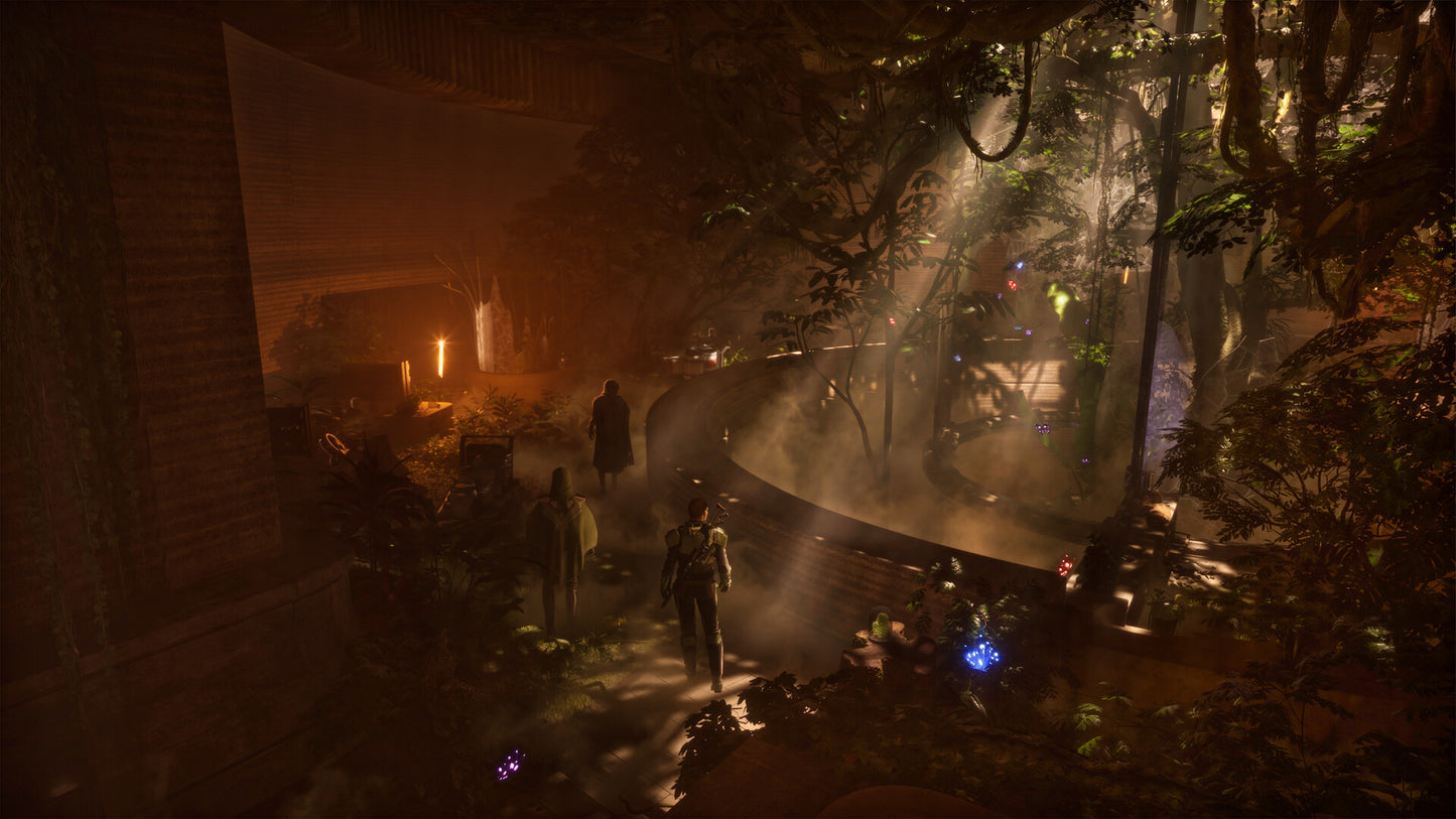 Dark, forested area with people walking and a glowing blue light.