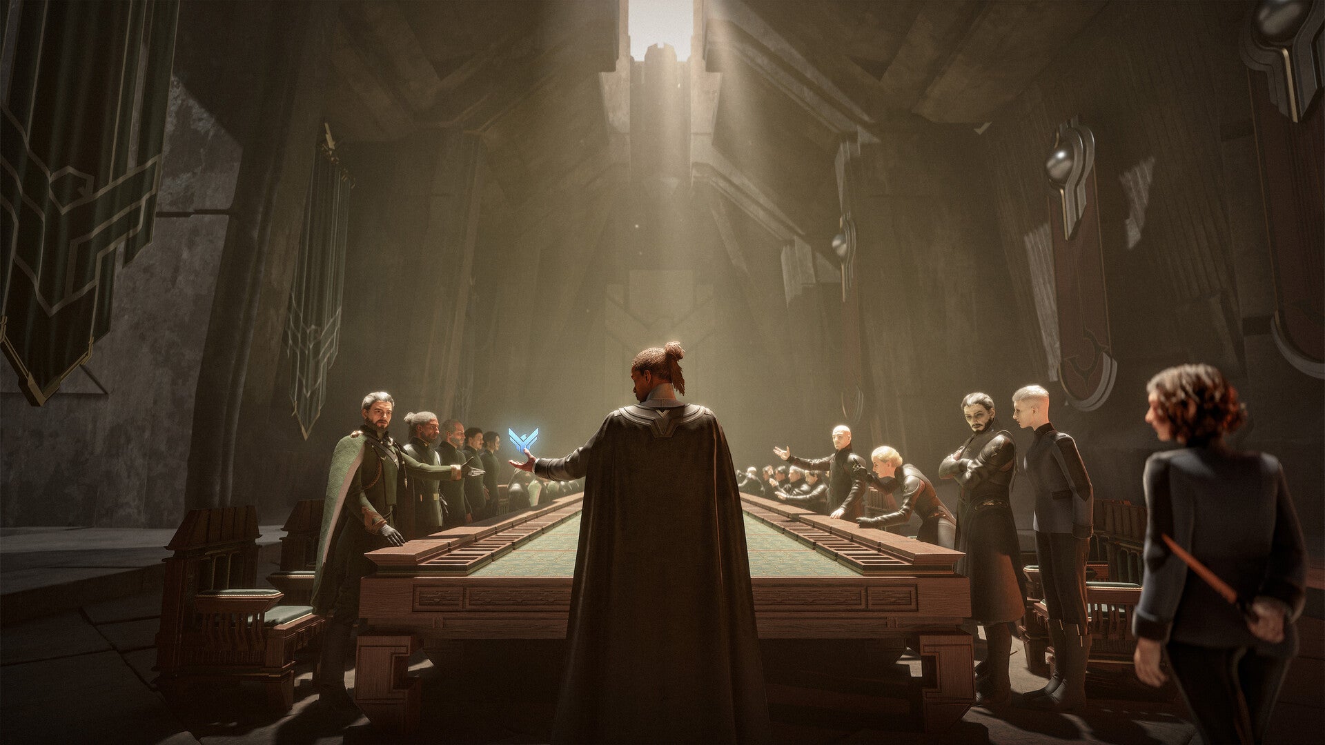 Group of people in a dimly lit room with a central figure holding a glowing object.