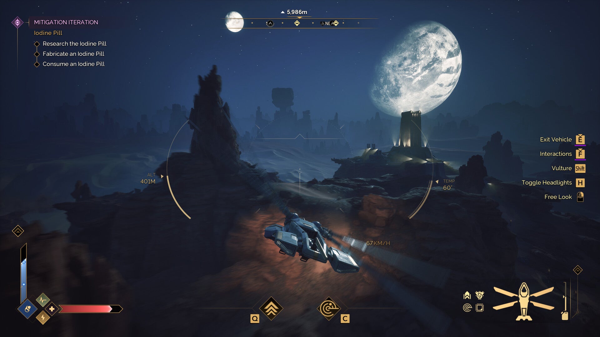 Space exploration game scene with a spacecraft on a moonlit landscape