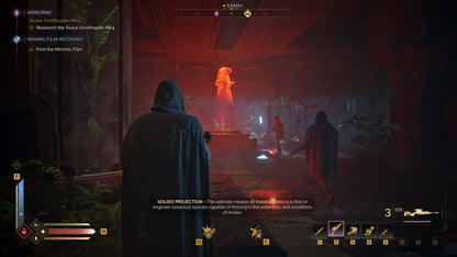 Character in a dark, futuristic setting with red lighting and a glowing figure in the distance.