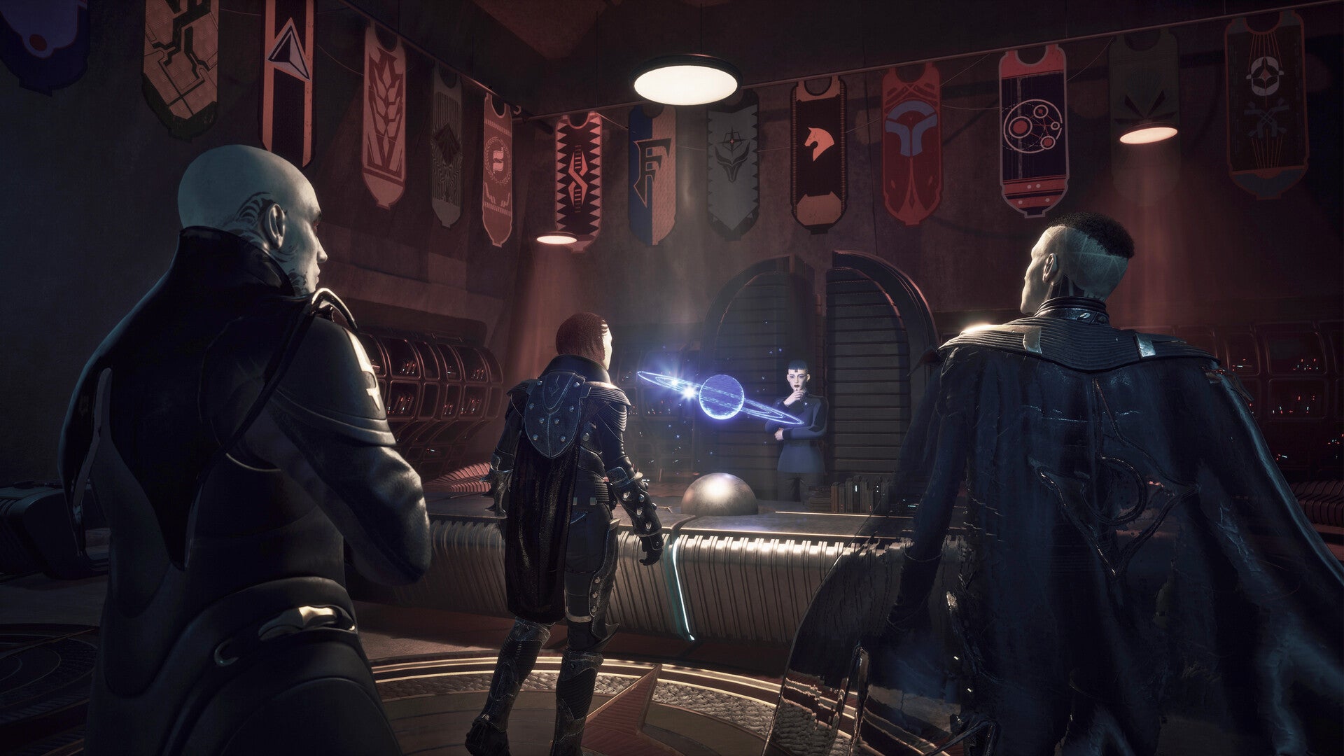 Three characters in a dimly lit room with banners on the wall