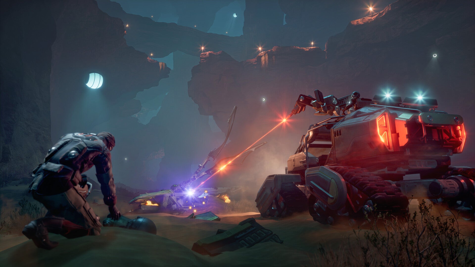 Sci-fi scene with a character and vehicle in a dark, rocky landscape with laser beams.