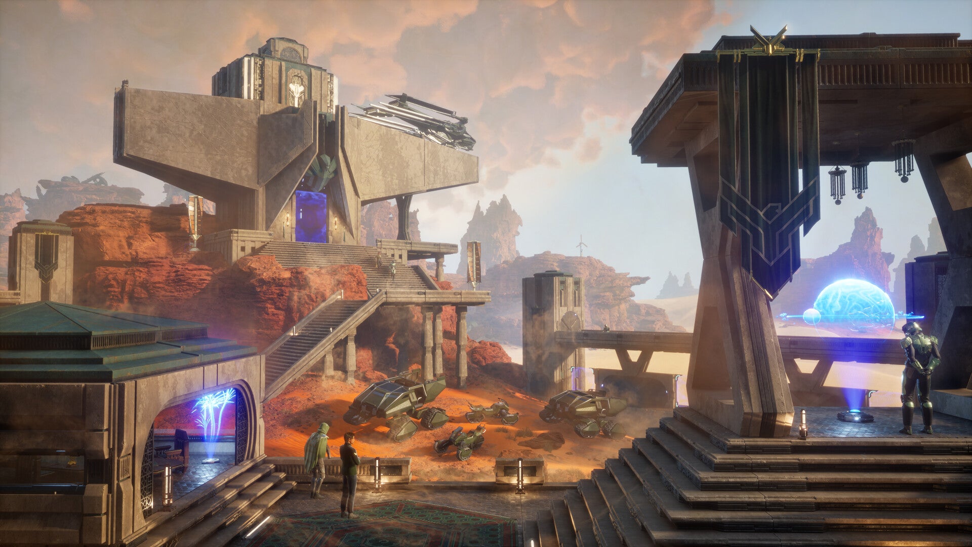 Science fiction landscape with futuristic architecture and characters on a planet.