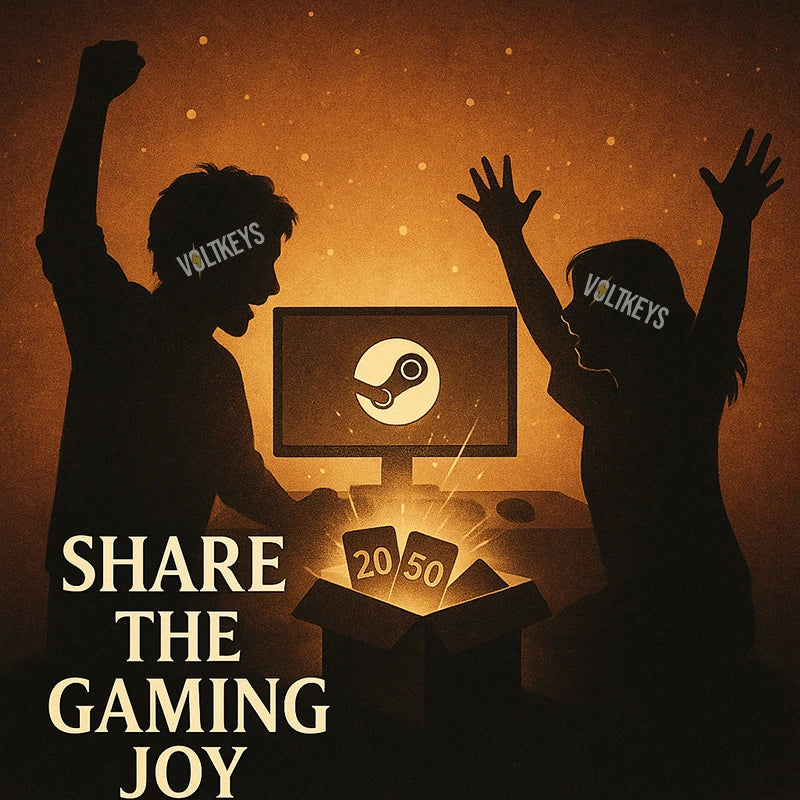 Two people celebrating with a computer monitor displaying a gaming logo, with 'VOLTEKEYS' branding.