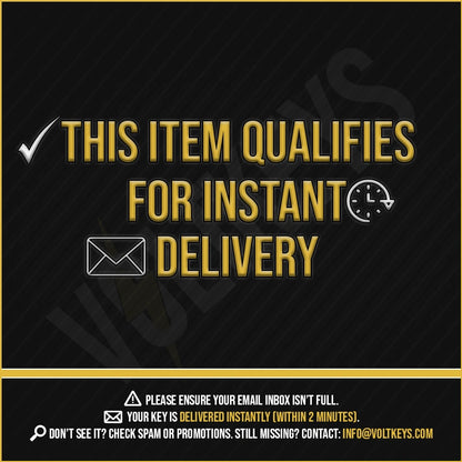 Promotional text on a black background indicating instant delivery qualification.