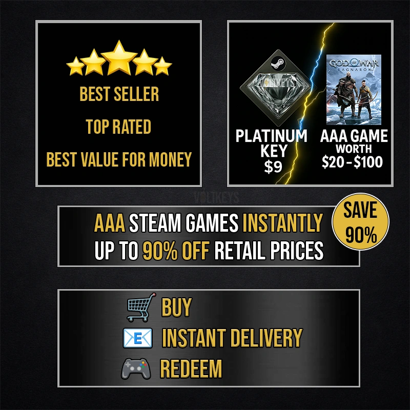 Promotional graphic for AAA Steam games with key purchase details on a black background.