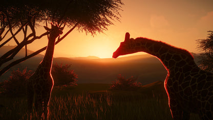 Two giraffes reaching towards each other against a sunset sky with mountains in the background.