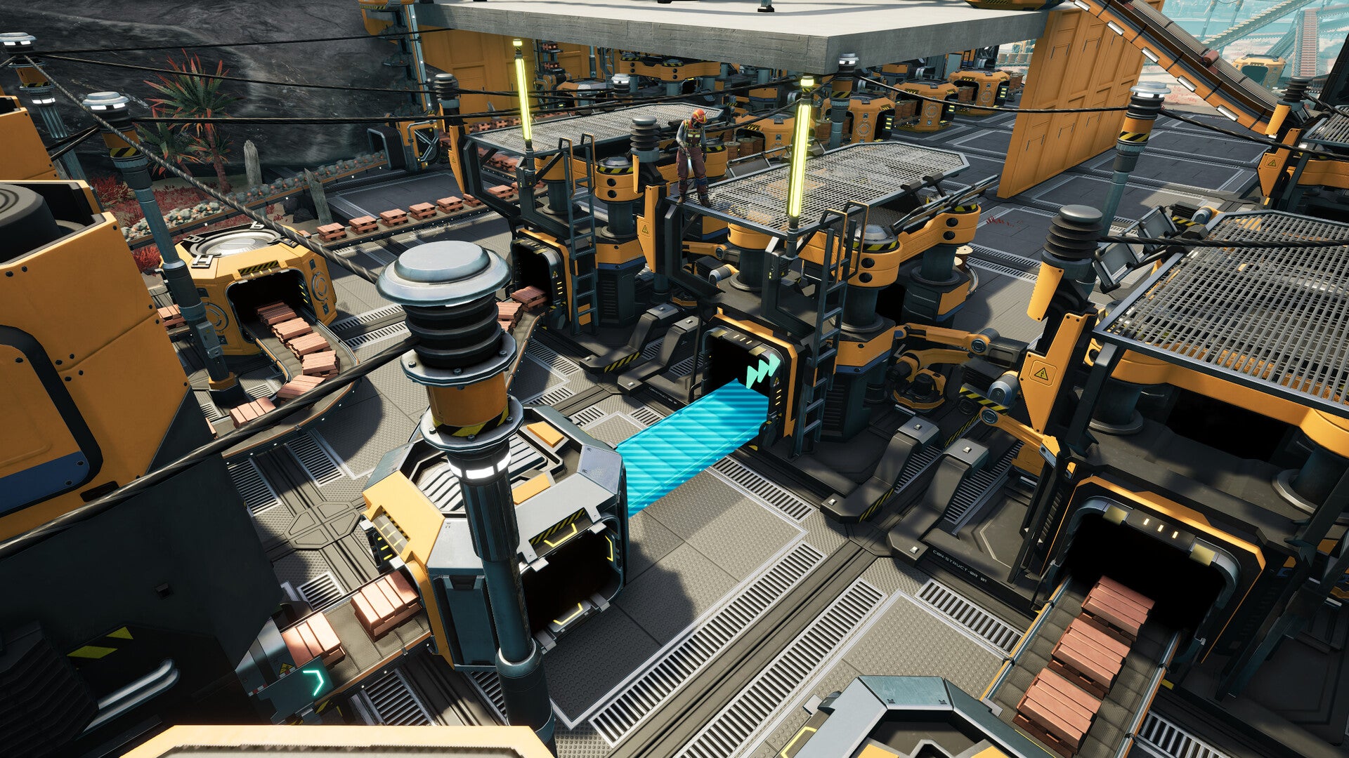 Highly detailed sci-fi industrial facility with advanced machinery.