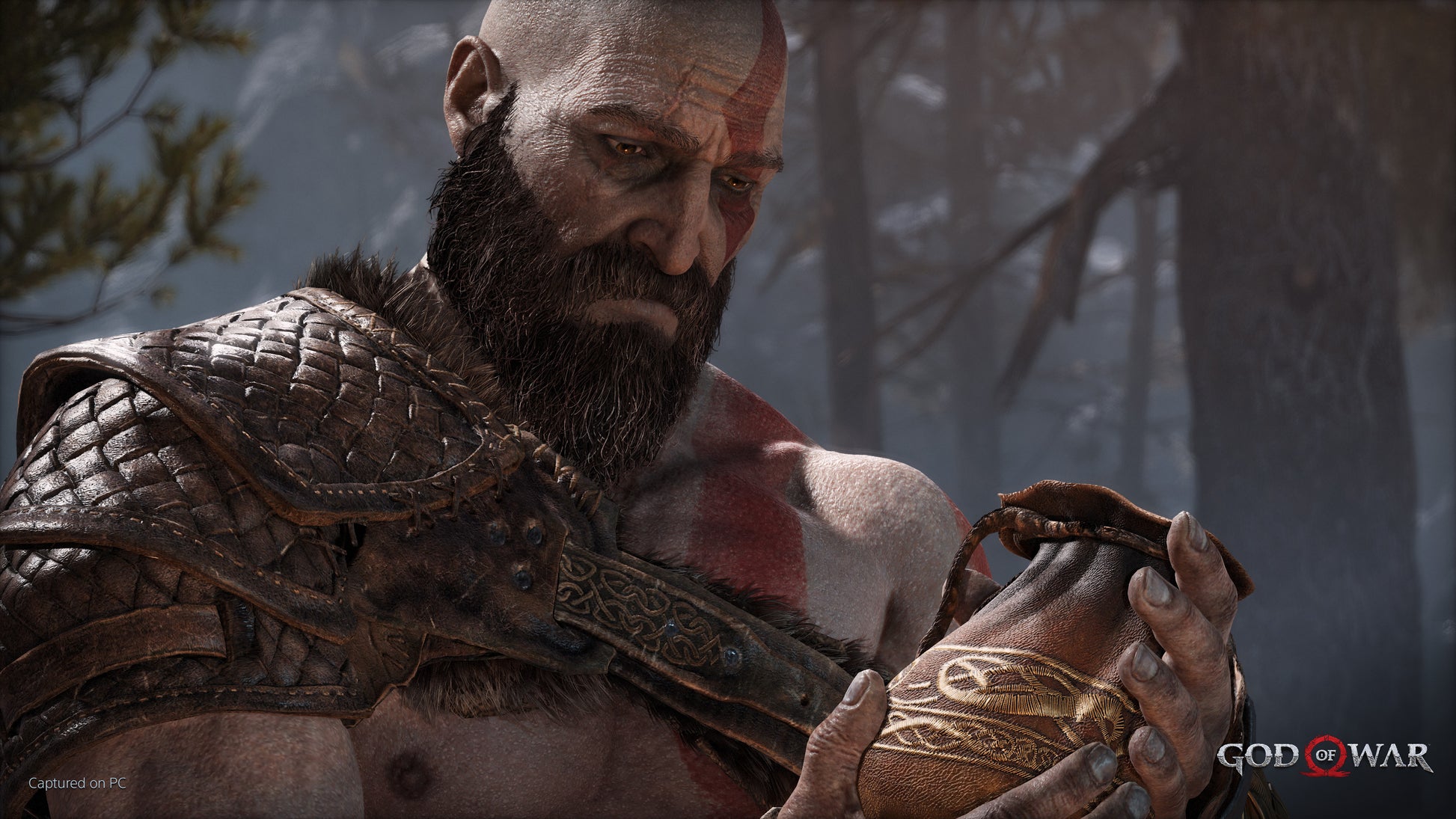 Character from 'God of War' holding a container in a forest setting