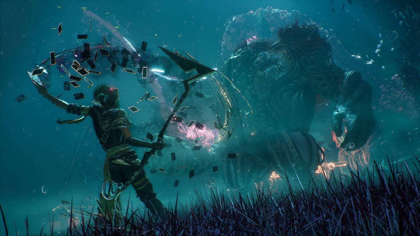 Person holding a spear with a large creature in the background, underwater scene