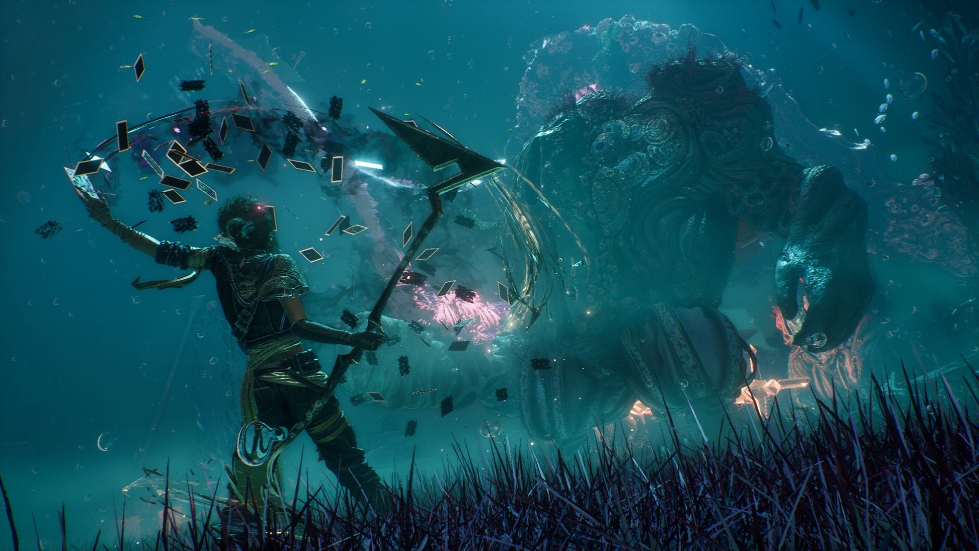 Person holding a spear with a large creature in the background, underwater scene