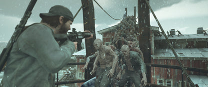Person with a camera filming zombies on a bridge