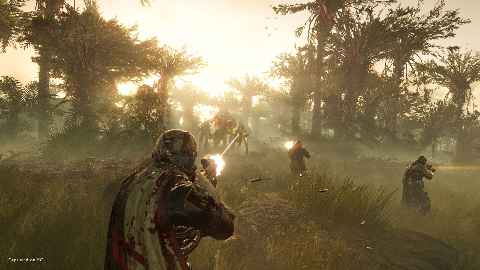 Two characters in a forest setting with a sunset or sunrise, one holding a weapon.