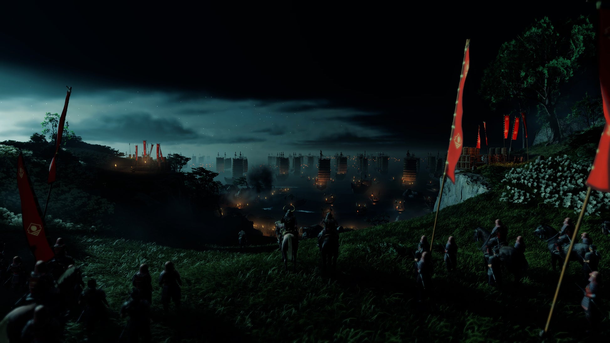 Historical battle scene with soldiers and flags at night.