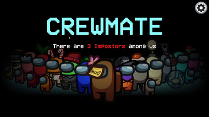 Title screen of the game 'Among Us' with colorful characters and text on a dark background.