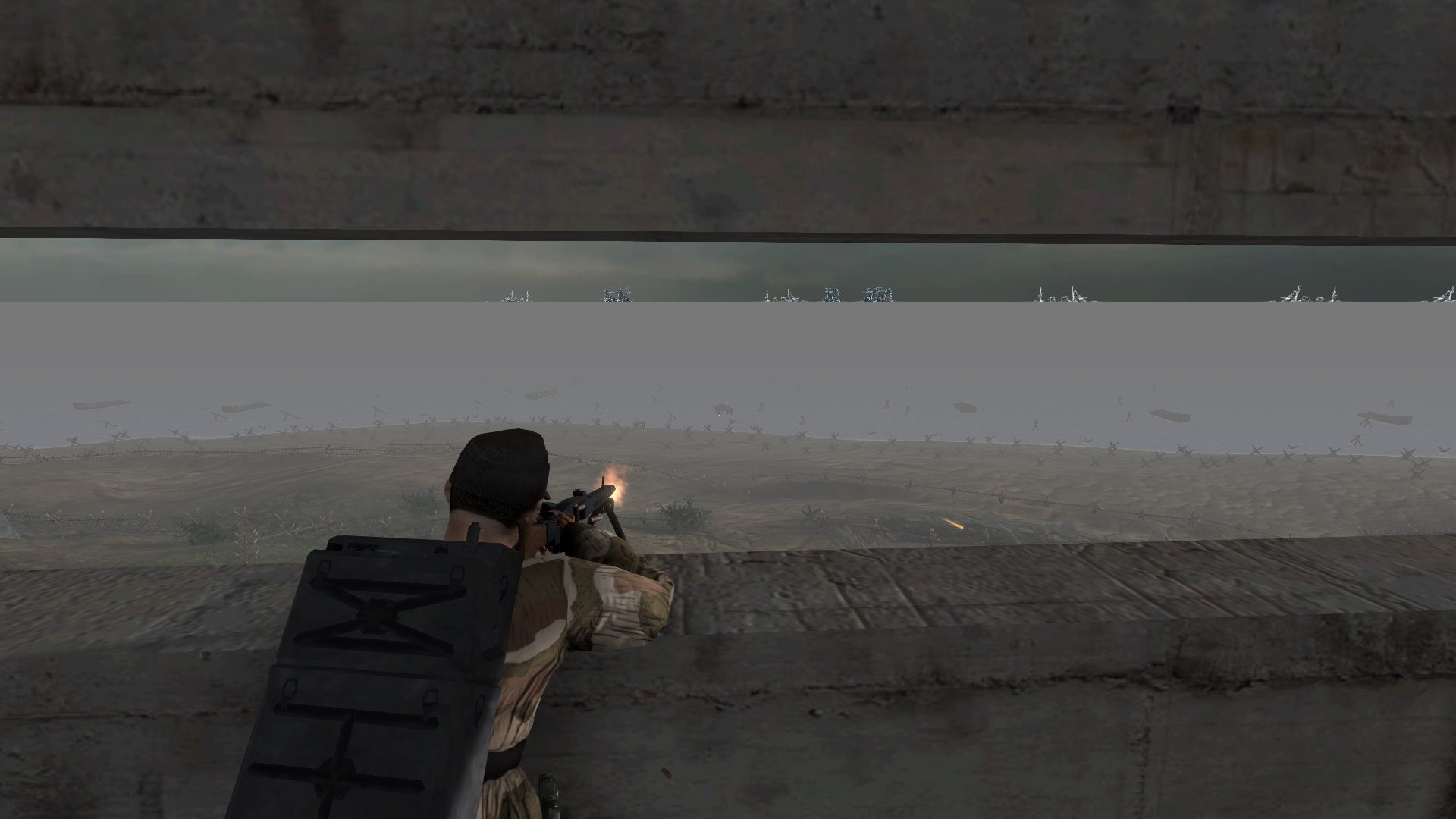 Character in a video game aiming a weapon from behind a wall.