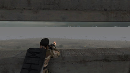 Character in a video game aiming a weapon from behind a wall.