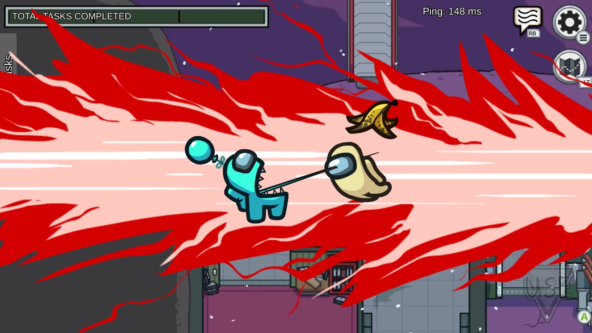 Game screen with character in blue suit interacting with a yellow object amidst red flames.
