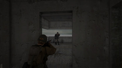Character in a video game aiming through a doorway at another character in an open area.