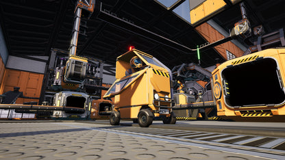 Yellow robots in a futuristic industrial setting with large machinery.