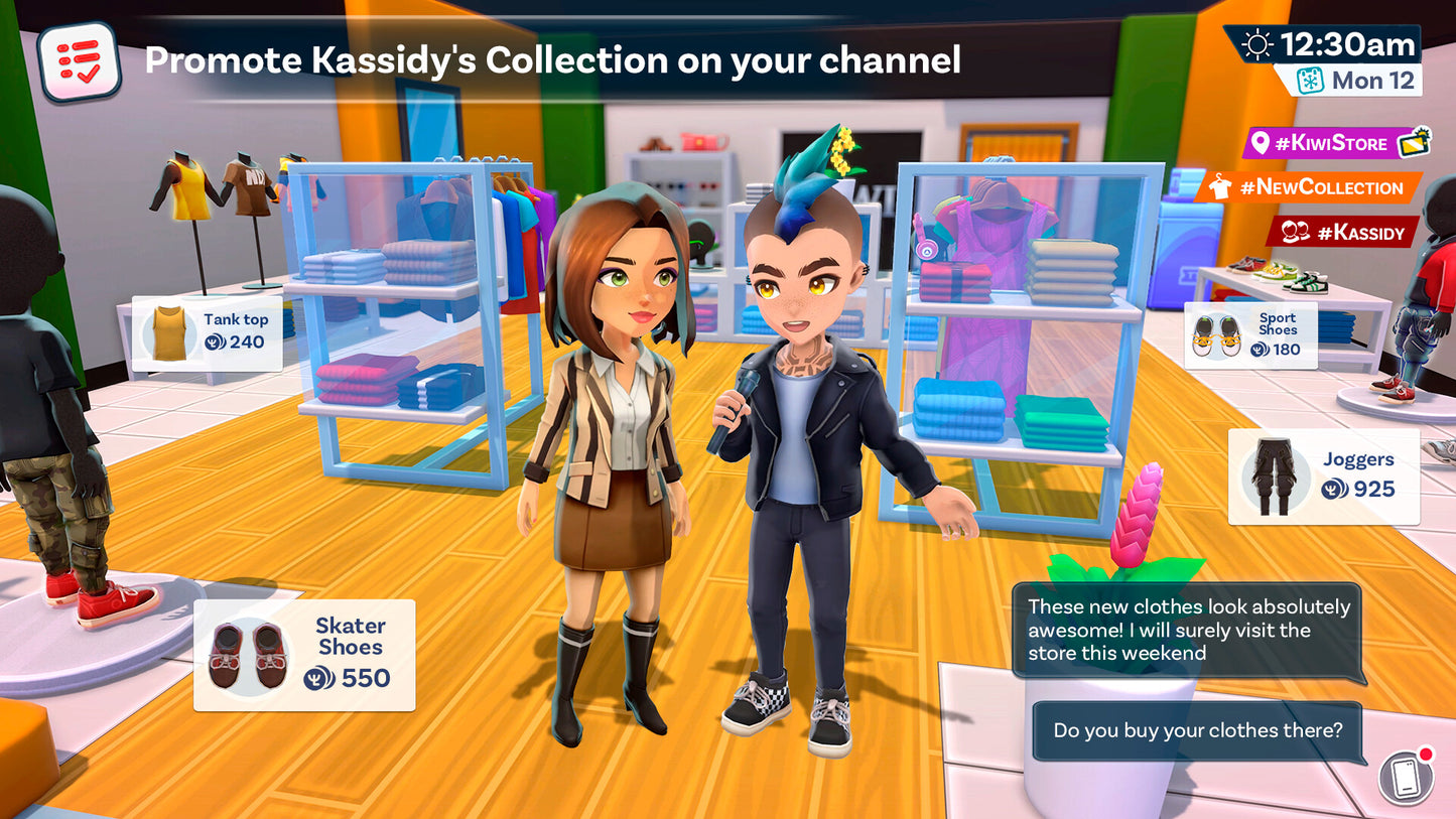 Two animated characters in a virtual store with promotional text for Kassidy's Collection.