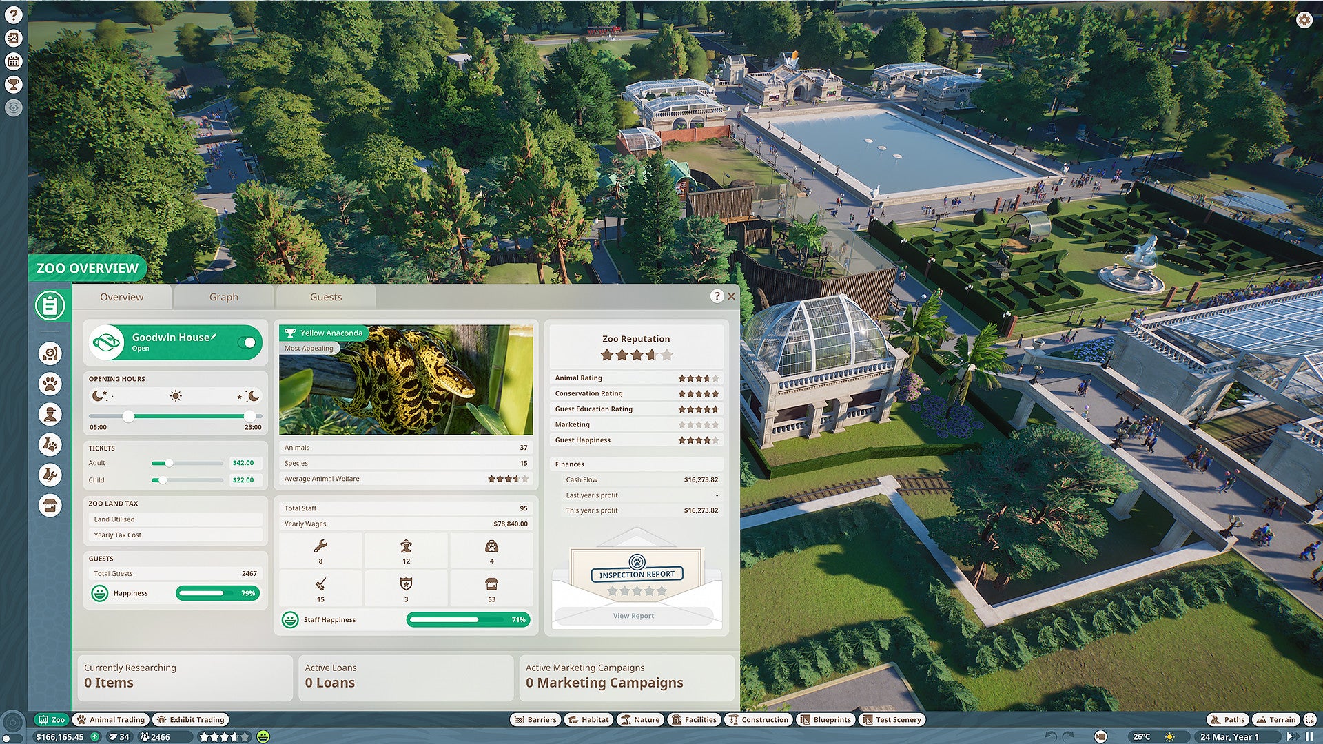 Computer screen displaying a landscaping software interface with a virtual garden in the background