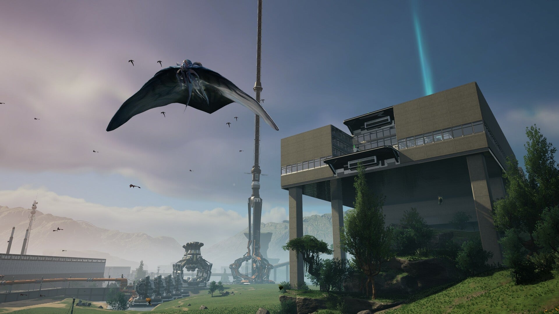 Science fiction scene with flying vehicle and futuristic buildings.
